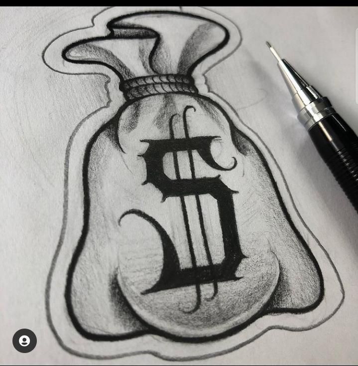 a drawing of a money bag with the letter f in it