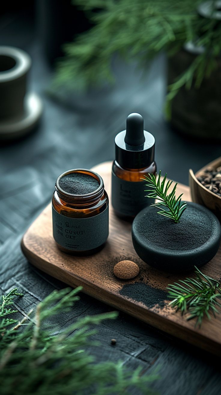 an assortment of skin care products sitting on a wooden cutting board next to some plants