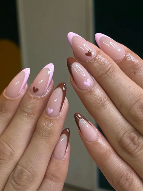 Heart Nails Pink, Pink Nails Trendy, Mixed Nails, Brown French Tip, Paznokcie Hello Kitty, Brown French, Kutek Disney, Cute Simple Nails, Nail Prep