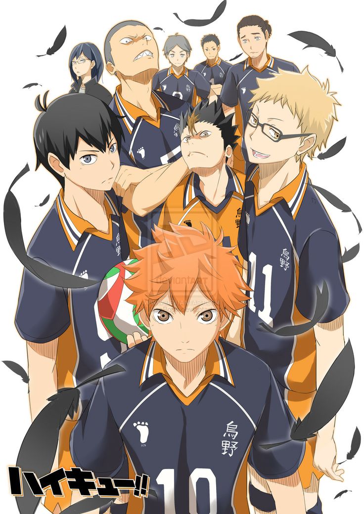 an anime character with orange hair and glasses standing in front of other characters wearing blue uniforms