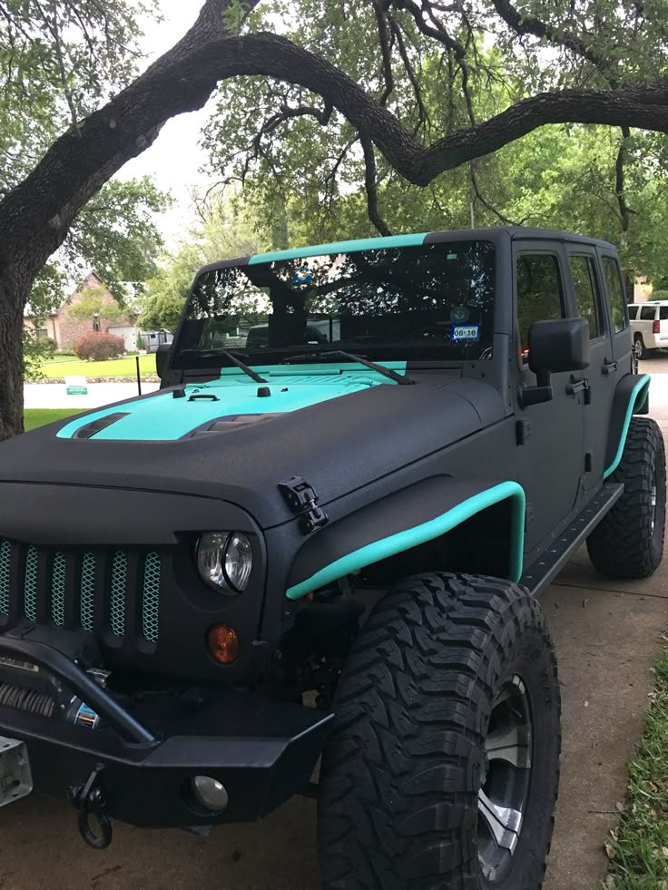 a black jeep with teal accents parked under a tree