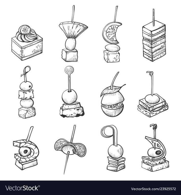 different types of desserts and pastries in black and white ink on a white background