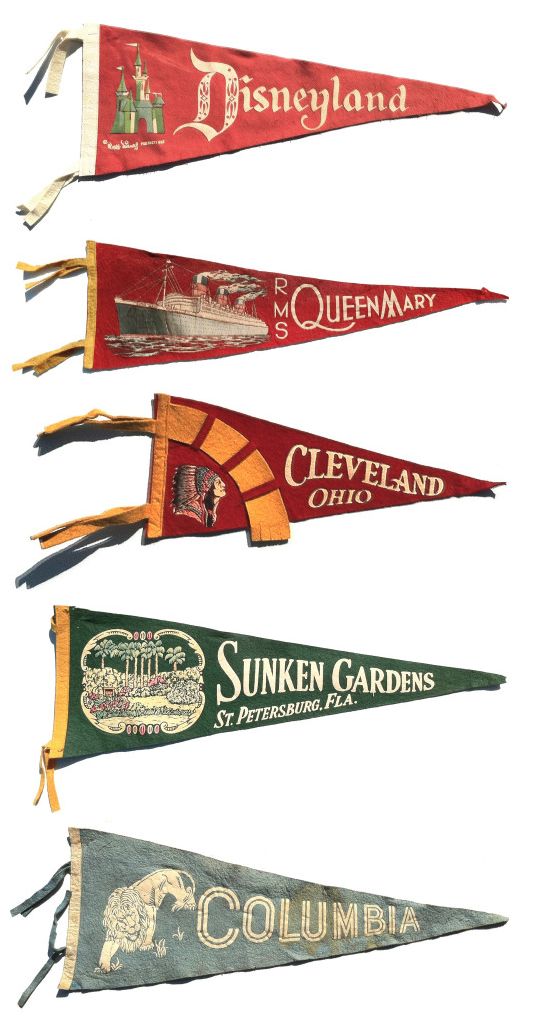 four pennants with different logos on them