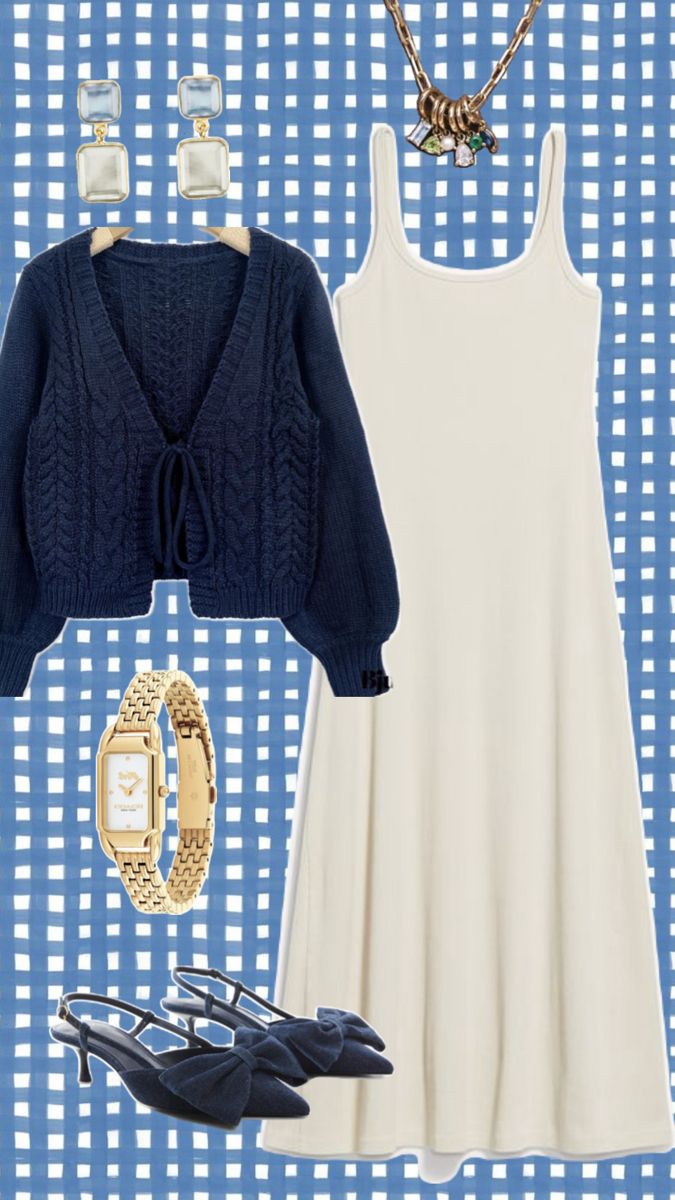 Outfit inspiration - outfit idea - dress - cream dress - cardigan - navy blue - blue cardigan - gold - earrings - kitten heels - blue heels - charm necklace - gold watch - dress outfit Navy And White Dress Outfit, Navy Blue And Cream Outfit, Navy Blue Cardigan Outfit, Blue Cardigan Outfit, Navy Blue Outfit, White Frock, Cream Outfit, White Dress Outfit, Heels Blue