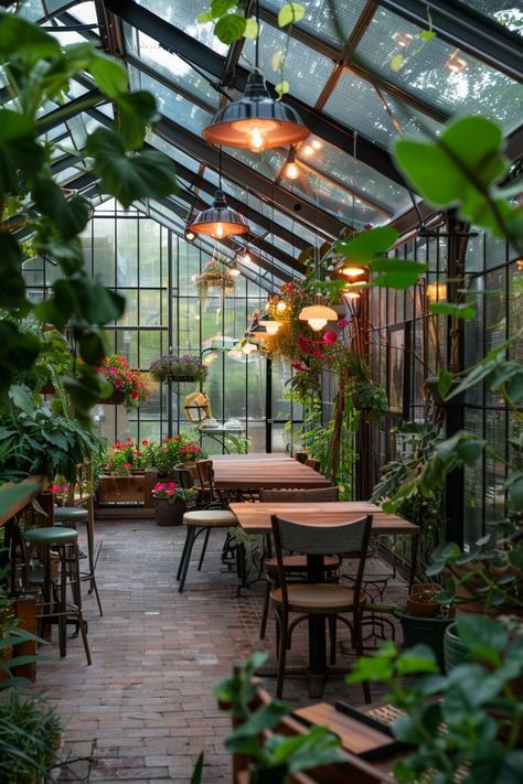 the inside of a greenhouse with tables and chairs