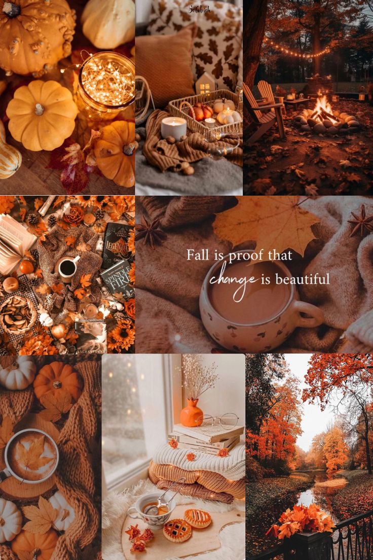 an autumn collage with pumpkins, candles and other things in the fall season