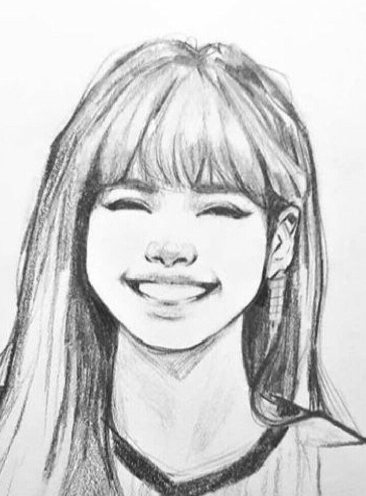 a pencil drawing of a girl with long hair and bangs, smiling at the camera