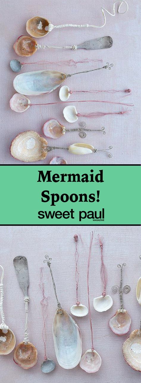 several spoons are lined up on a table with the words mermaid spoons sweet paul