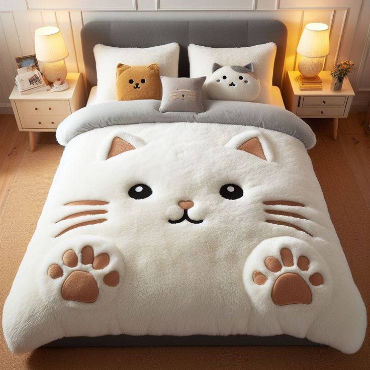 a white cat bed in a bedroom with two cats on it's back legs