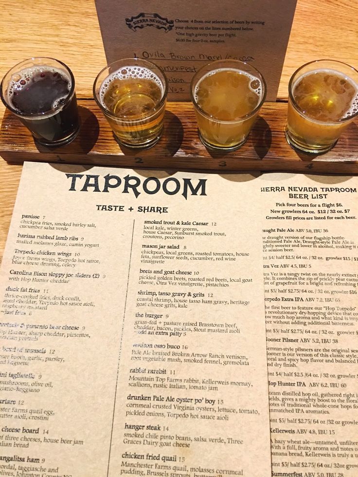 the tap room menu and four glasses of beer