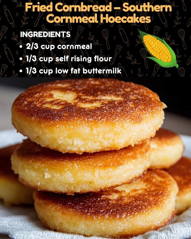 three fried cornbread - southern cornmeal pancakes are stacked on top of each other