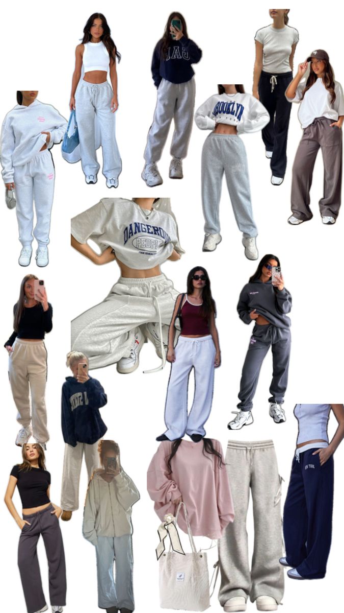 Outfit Inspirations Sweatpants, Great Sweatpants Outfit, What To Wear With Sweatpants To School, Athletic Sweatpants Outfit, Cuffed Joggers Outfit Woman, Wide Leg Sweatpants Outfit For School, Baggy Sweat Pants Outfit, Sweat Pants Outfits Women, Cute Outfits For School Sweatpants