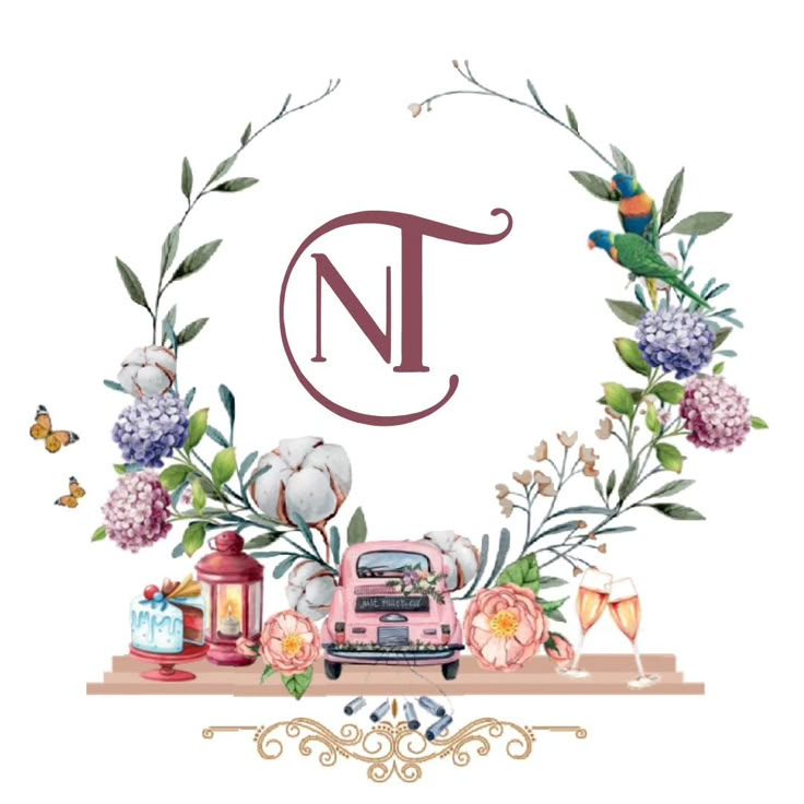 the letter n is surrounded by flowers, candles and an old car in front of it