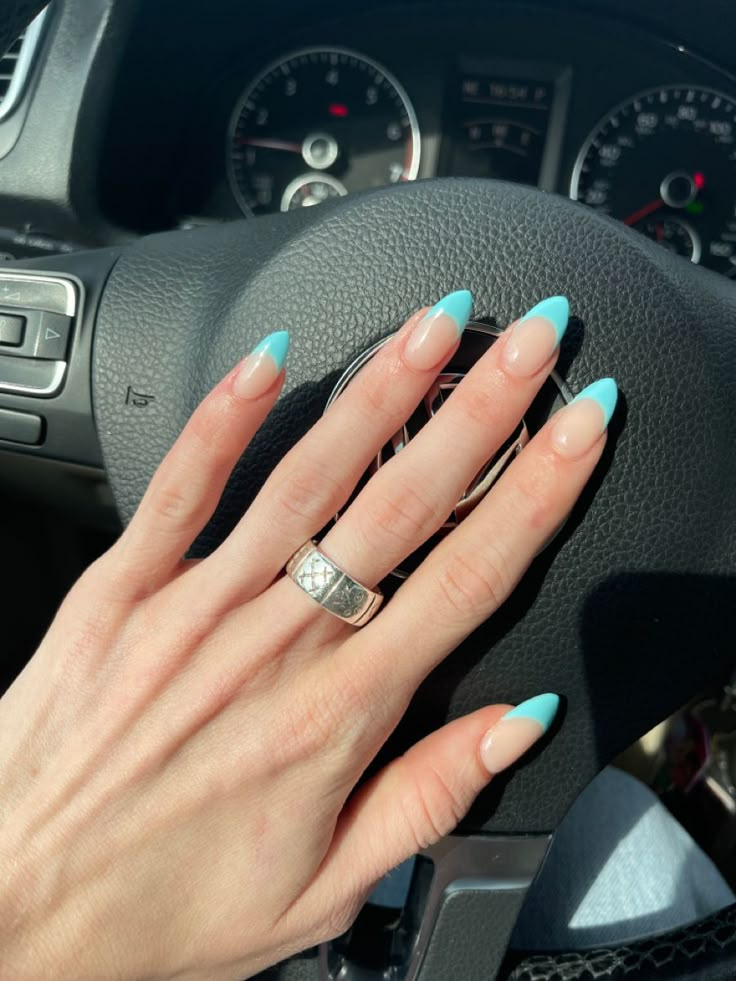 French Teal Tip Nails, Nails For Trip To France, Almond Nails Teal French Tip, Tiffany French Nails, Mint Blue French Tip Nails, Blue Tip Dip Nails, Aqua Blue Almond Nails, Teal Almond French Tip Nails, Tiffany Blue Nails French Tips