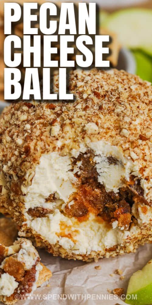 a piece of pecan cheese ball is shown with the words pecan cheese ball on it