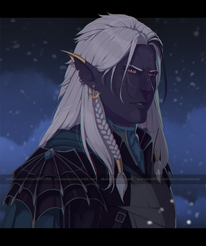 an anime character with long white hair and piercings on his ears, standing in the snow