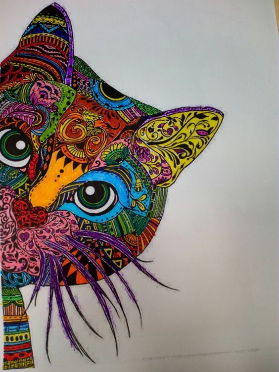 a drawing of a colorful cat on white paper