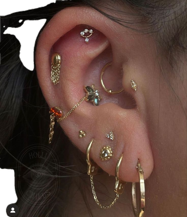 an ear with several different types of piercings on it