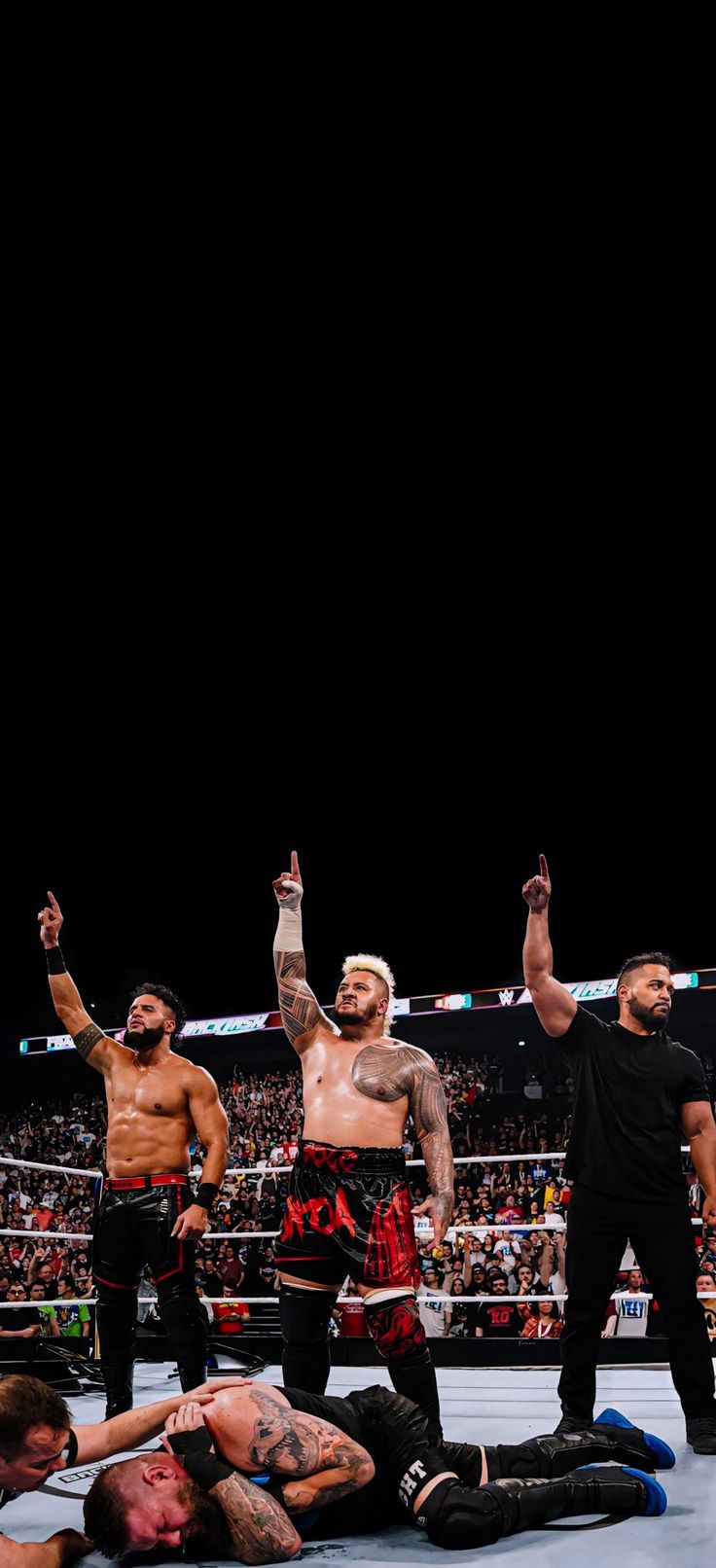 two men standing on top of a wrestling ring holding their hands up in the air