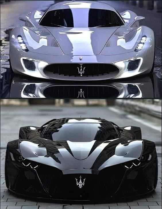 the front and side view of a silver sports car