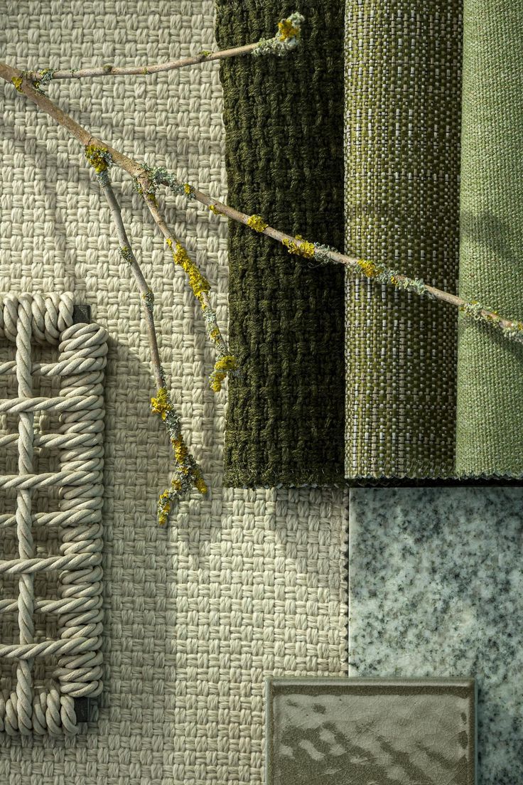 Tribù close up of a moodboard Green Material Board, Indoor Furniture Outside, Fabrics Moodboard, Fabric Mood Board, Belgian Design, Green Moodboard, Beautiful Outdoor Furniture, Pool Terrace, Dining Table Design Modern