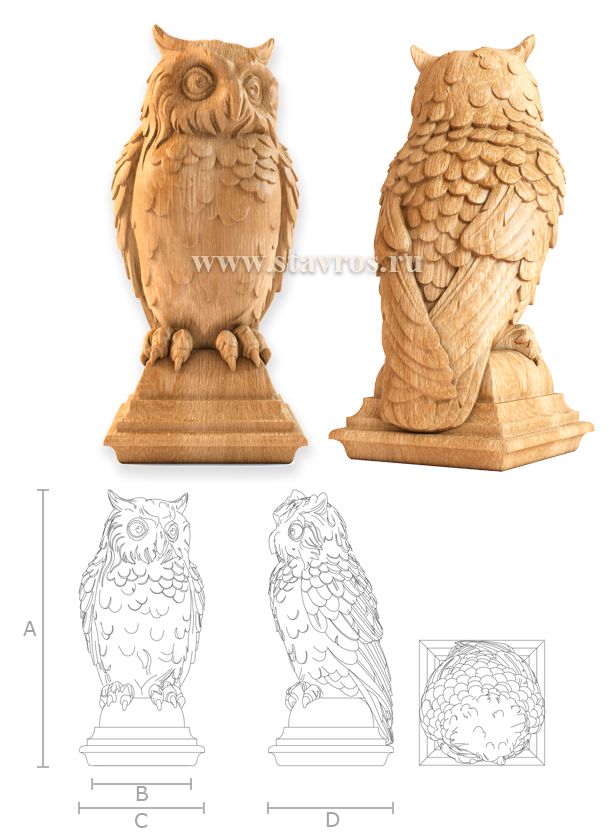 two carved owls sitting on top of each other next to an image of the same owl