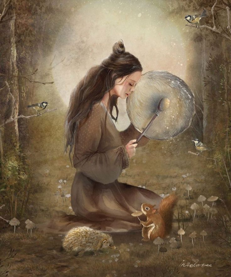 a painting of a woman holding an umbrella next to a hedgehog in the woods