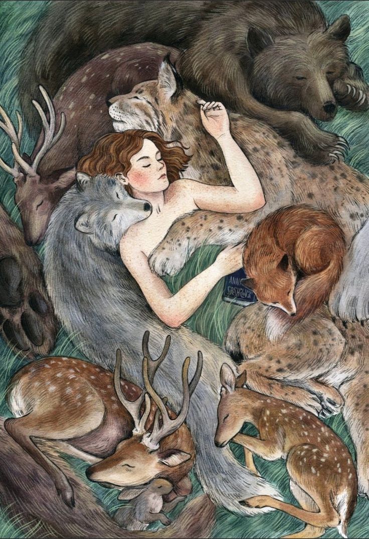 a painting of a woman surrounded by wild animals