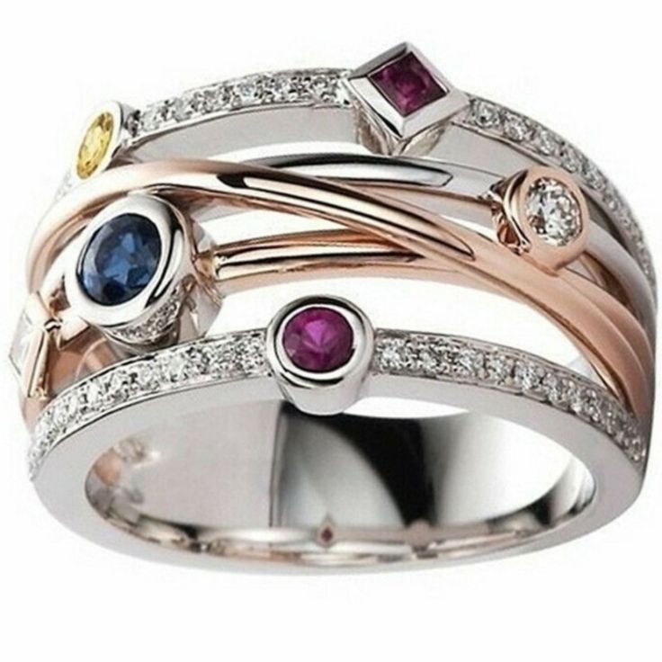 Sterling Silver Multicolor Stones Very Unique Smoke-Free Home Perfect For A Gift Or For Yourself Amethyst And Diamond Ring, Women Flower, Jewelry Beautiful, Copper Ring, Set Ring, Copper Rings, White Gold Ring, Beautiful Ring, Ring Jewelry