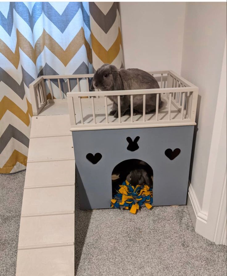 a cat sitting on top of a castle bed in a room with carpeted stairs