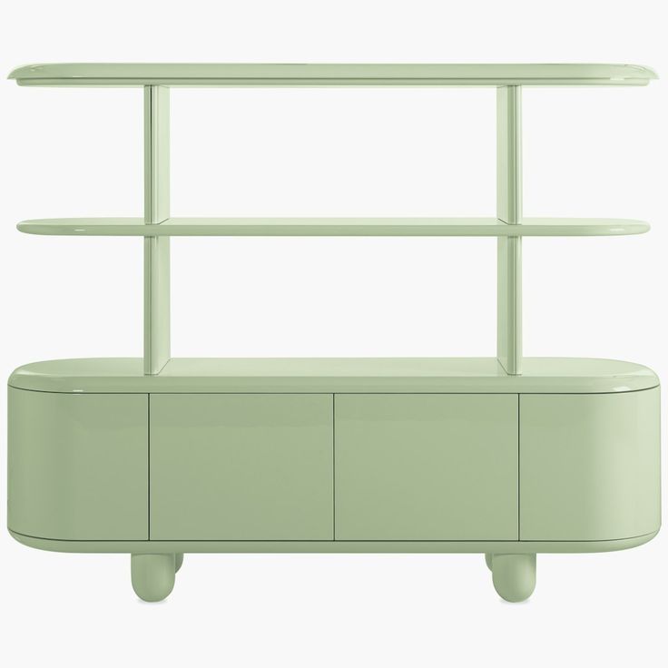 a green shelf with two shelves on each side and one shelf below it, against a white background