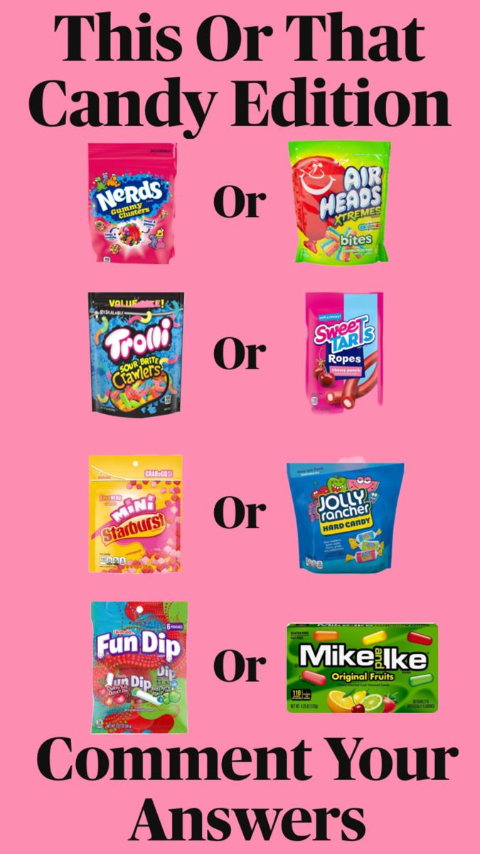 a pink poster with candy on it that says, this or that candy edition or comment your answers