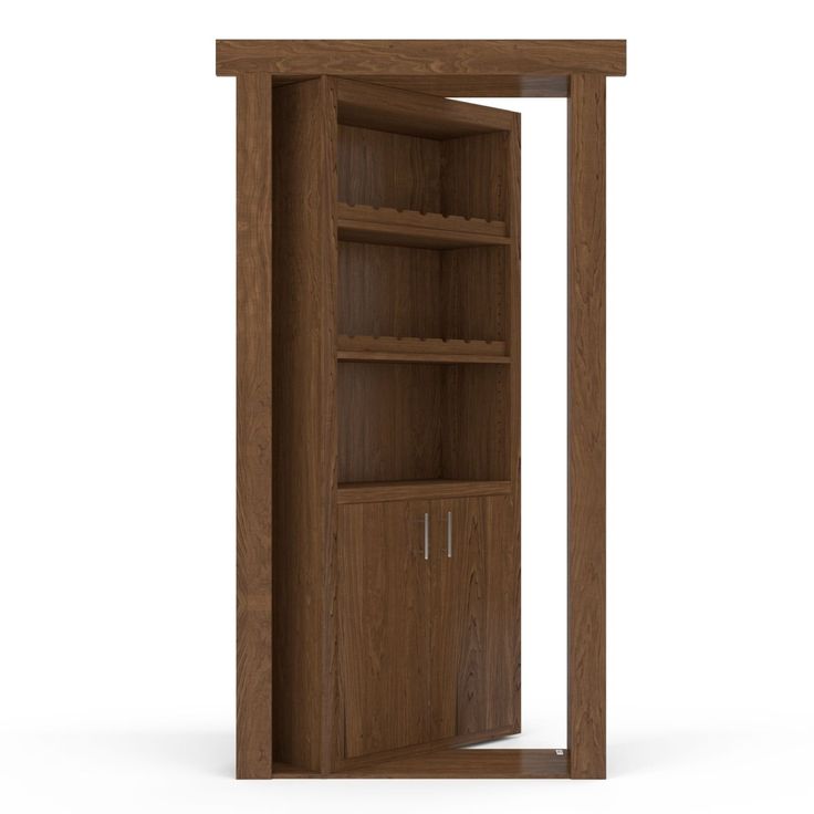 an open wooden bookcase with shelves and doors