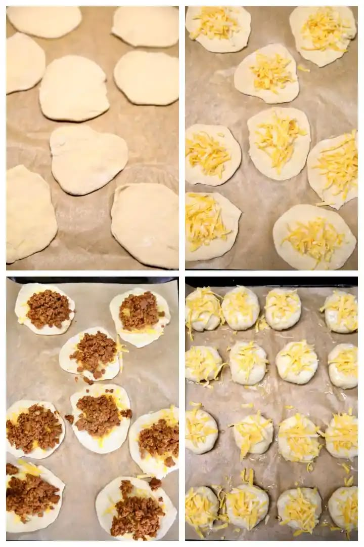 four pictures showing how to make deviled eggs with cheese and ground meat on top