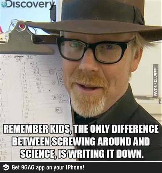 a man with glasses and a hat holding a piece of paper that says, remember kids, the only reference between scrawing around and science, is writing it down