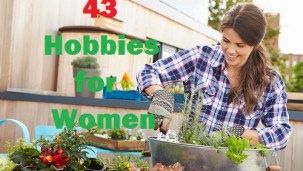 a woman is watering plants in her garden with the words, 43 hobbies for women