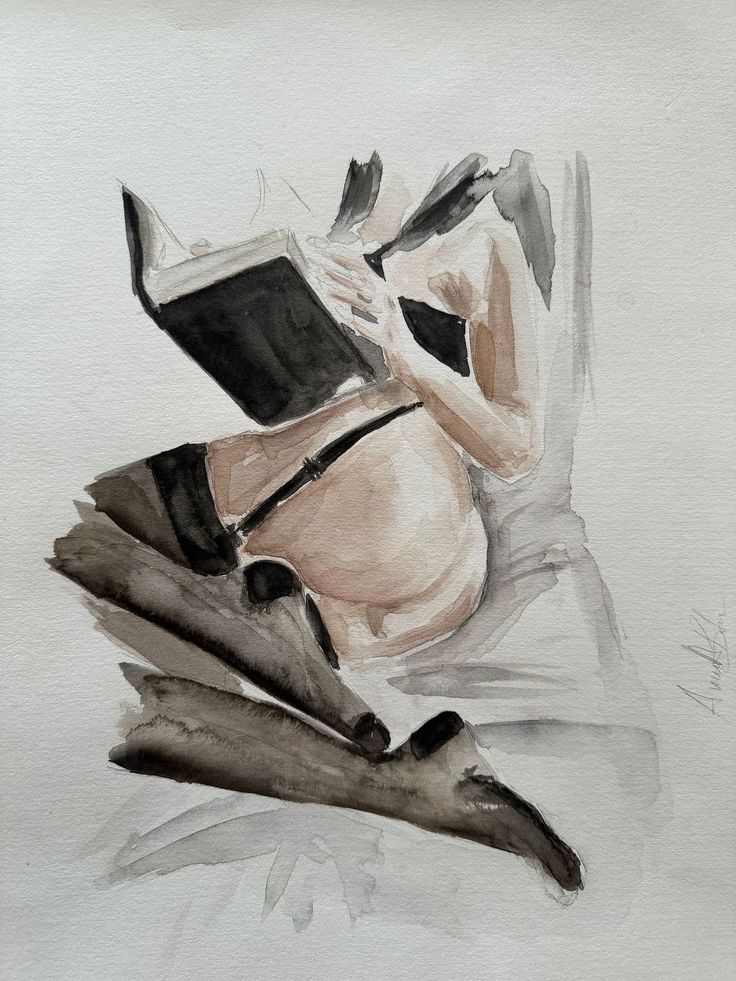 a painting of a woman reading a book while laying on a bed with her legs crossed