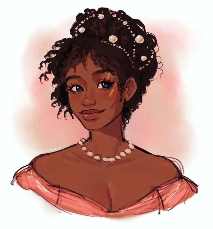 a drawing of a woman with curly hair and pearls on her head, wearing a pink dress