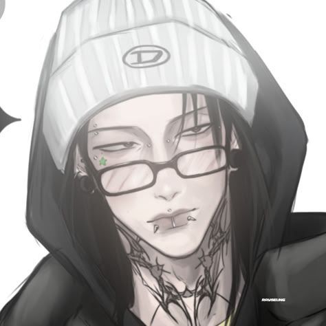 a drawing of a person wearing glasses and a hoodie with an eye patch on his face