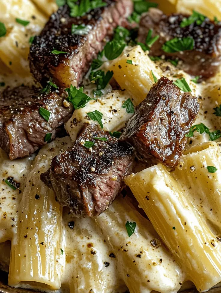 some meat and pasta on a plate with parsley sprinkled around it's edges