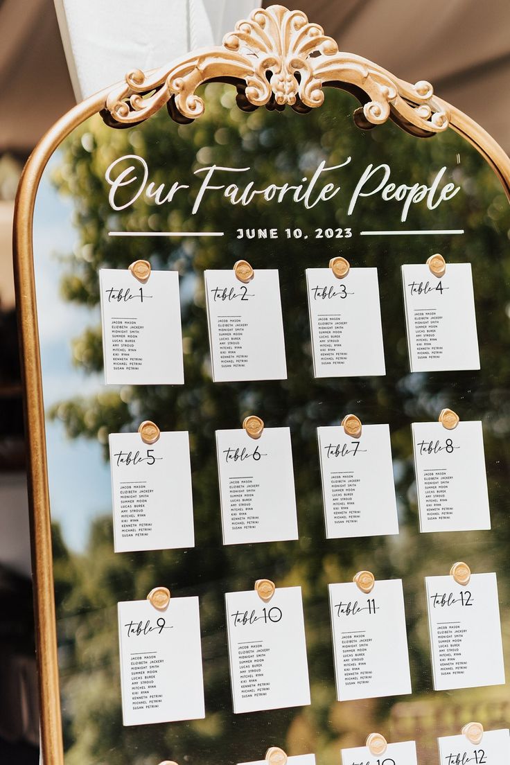 the seating chart for our favorite people is displayed on a gold frame with white paper