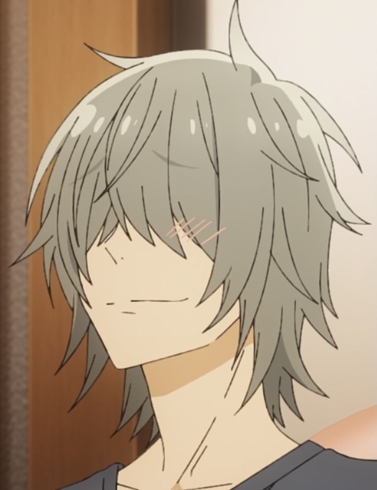 an anime character with grey hair and black shirt looking to his left in front of a mirror