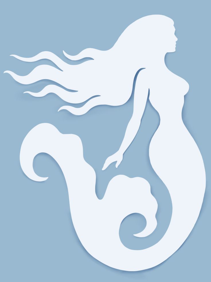 a paper cut out of a mermaid with long hair and tail, on a blue background