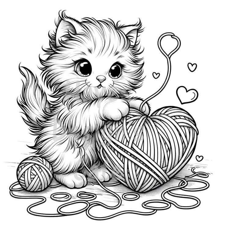 a cat sitting on the ground holding a ball of yarn