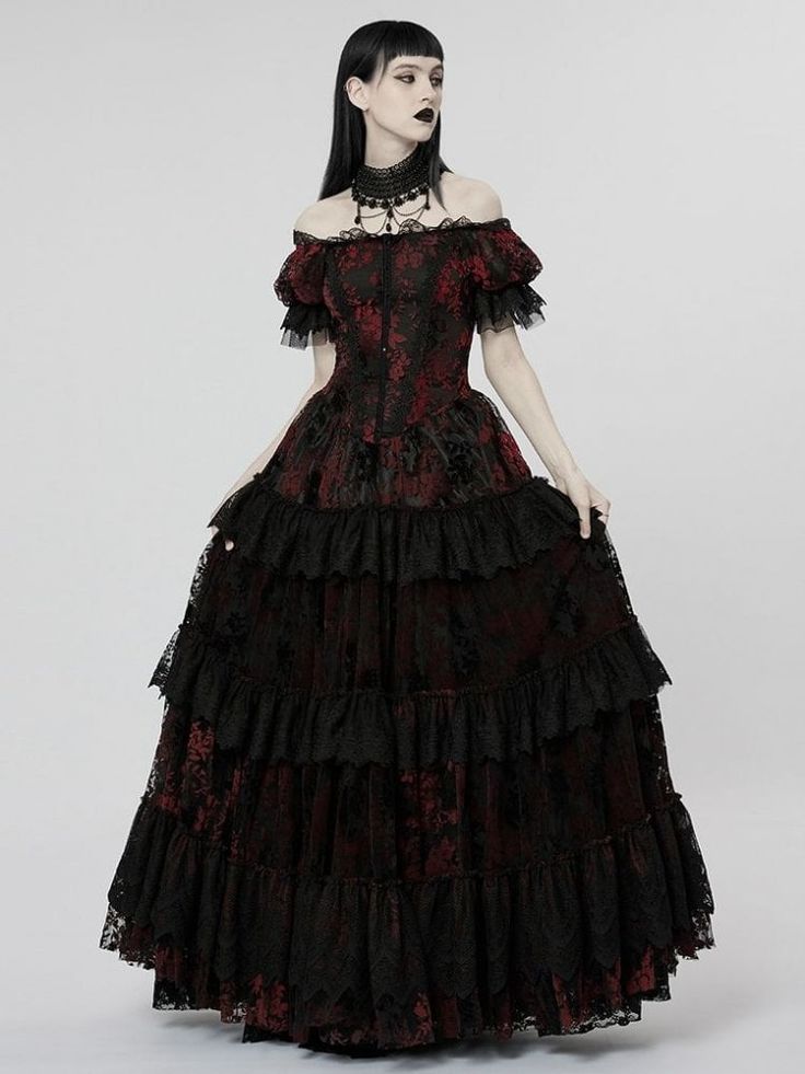 Gothic Dress Uk, Punk Style Costume Dresses With Ruffles, Punk Style Ruffled Costume Dresses, Red Gothic Dress For Alternative Fashion, Red Gothic Dress With Overbust Design, Red Ruffled Corset Costume Dress, Red Ruffled Corset Dress For Costume, Red Ruffle Corset Dress For Costume, Red Gothic Dress With Ruffles