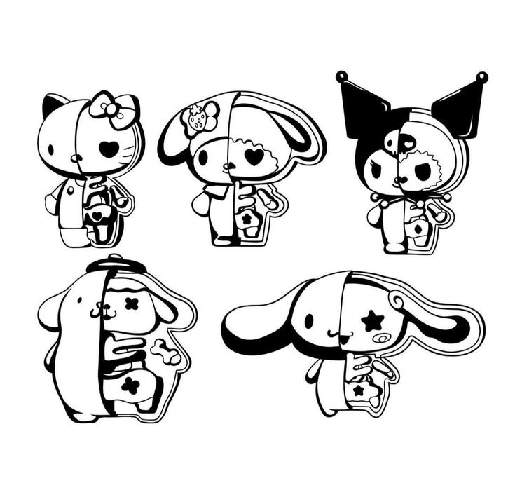 four cartoon dogs with different outfits and hair, one in black and white the other in red