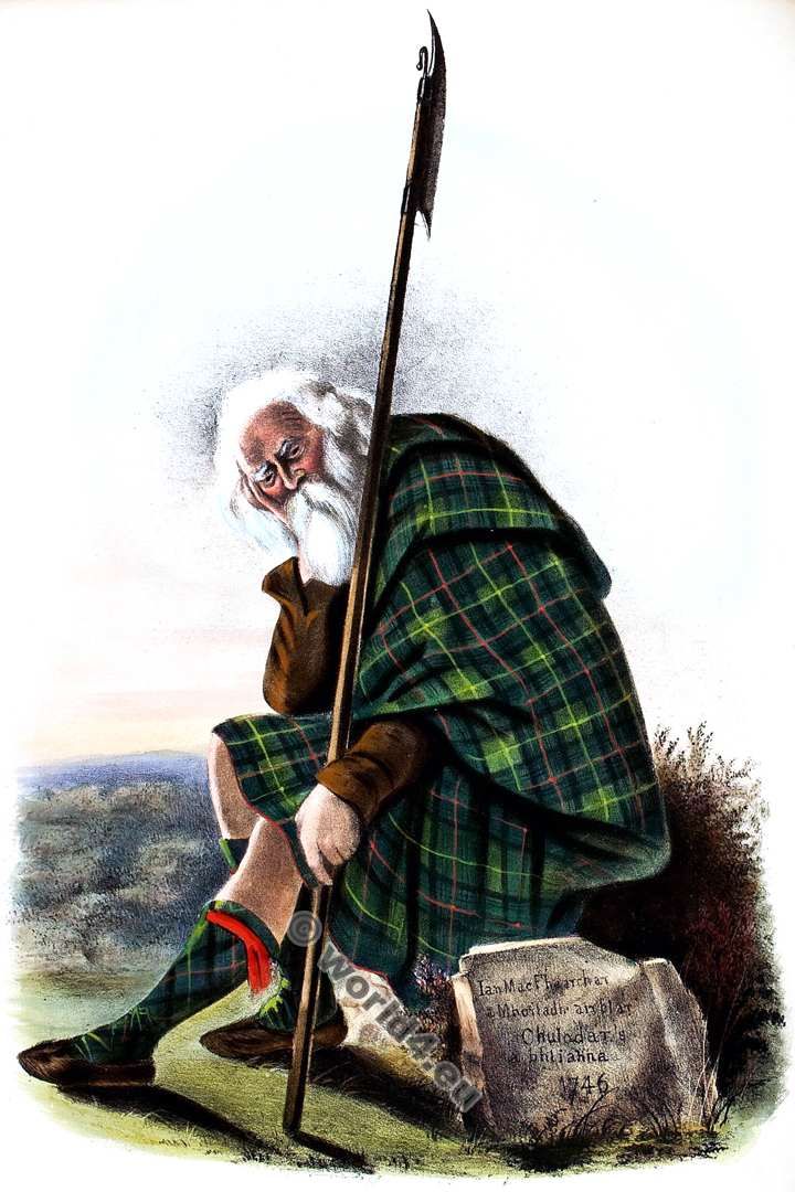 an old man wearing a kilt and holding a long stick sitting on the ground