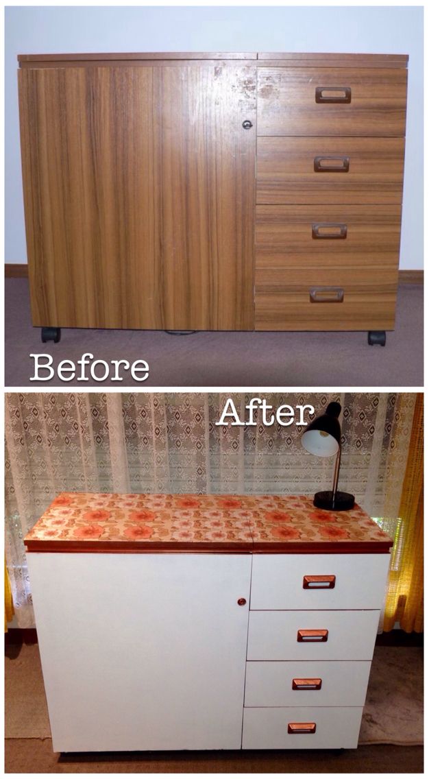 the before and after of an old dresser with wood grained finish on it's sides