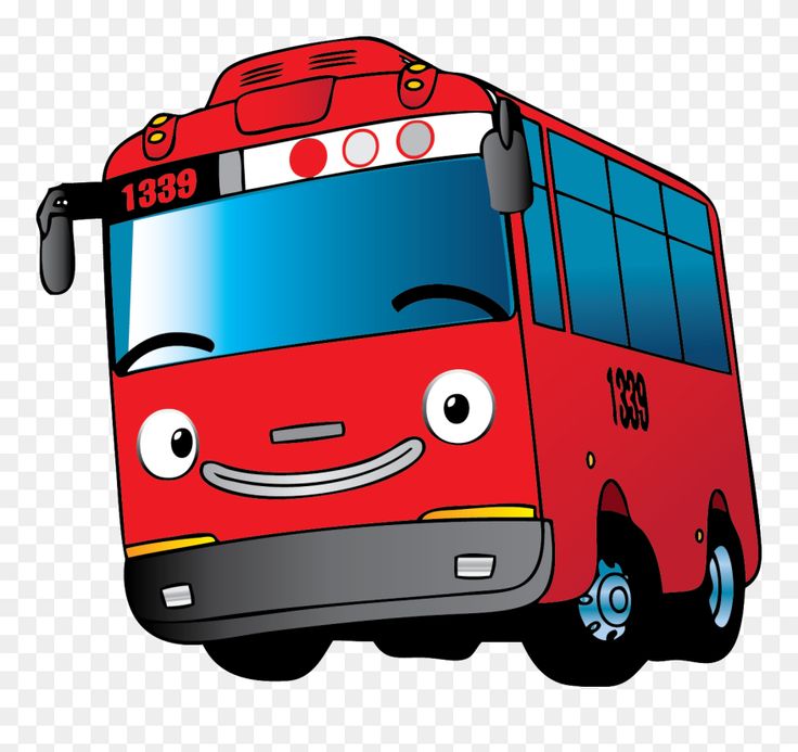 a red bus with eyes and nose drawn on it's side, in front of a white background