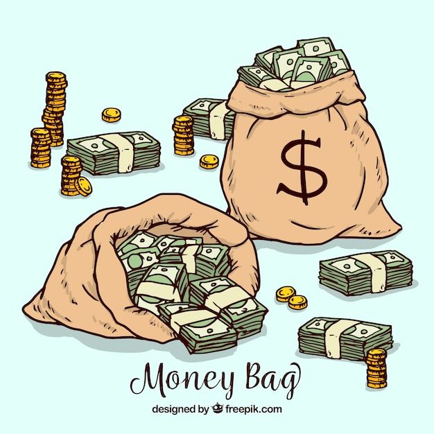 a bag full of money sitting next to stacks of coins